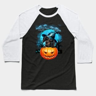 Black Dachshund Witch Hat Pumpkin And Blue Moon Halloween Baseball T-Shirt